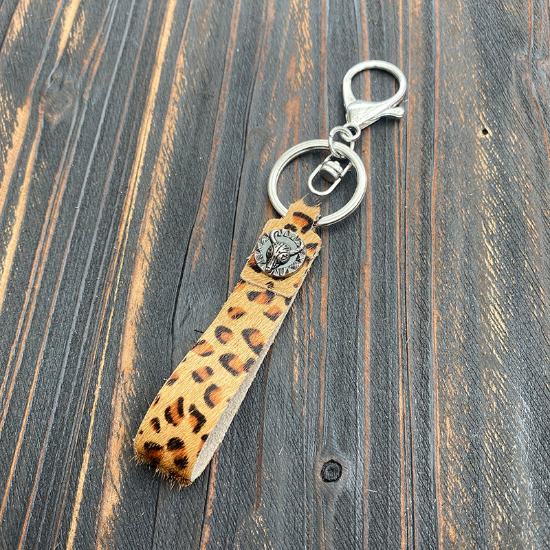 Wholesale Leopard Print Genuine Leather Pony Hair Western Style Keychain